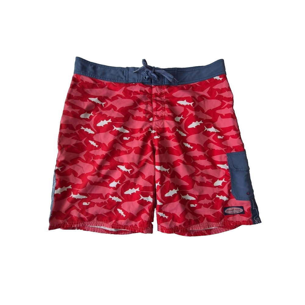 Vineyard Vines Shark Print Board Shorts Mens Size 35 Red Pink Swim Trunks Surf